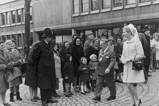 The Duchess of Kent, Katherine Worsley opening Castleford Civic Centre in 1970 accompanied by the Mayor of Castleford, Alderman Henry Goodall