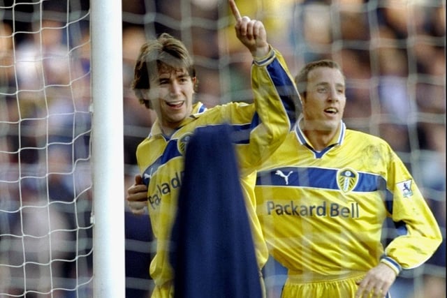 Harry Kewell celebrates with Lee Bowyer after putting the Whites 3-2 ahead after 41 minutes.