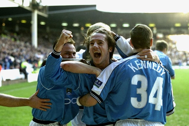 Ian Bishop celebrates putting Manchester City 2-1 ahead in the 11th minute.