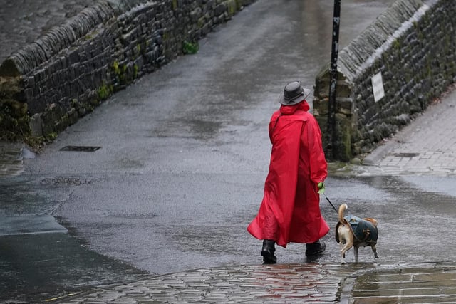 A woman and a dog walk in the rain in Hebden Bridge as local shops and businesses install their flood defences