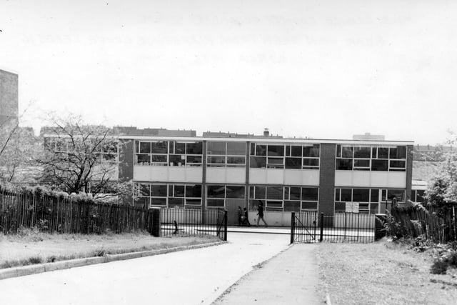The rear of Moor Grange County Secondary seen from Parkstone Grove in 1973.
