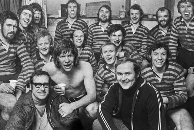 The Orrell team celebrate after beating top side Northampton 19-9 in the National Knockout Cup quarter-final at Edge Hall Road on Saturday 9th of March 1974.