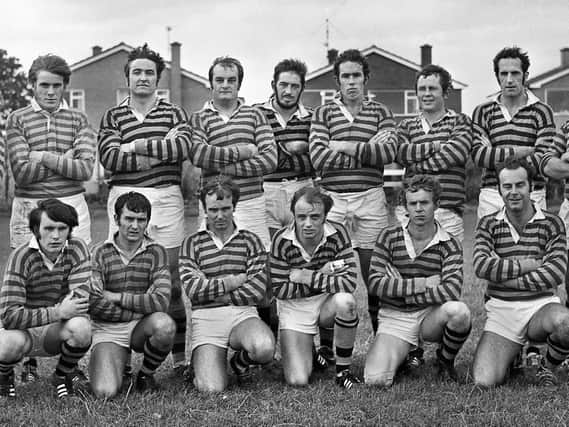 Orrell Rugby Union team in September 1970 - Front from left, Colin Nicholson, Jimmy Waring, Geoff Taylor, Dave Richardson, Frank Littler and David Jones. 
Back from left, Jack Nicholson, Billy Lyon, Jimmy Hankey, Des Seabrook, Frank Anderson, John Leigh, Martin Beattie, Ted Keane and Harold Bibby.