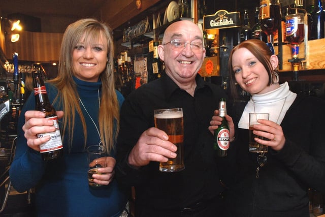 Staff at Charles Dickens Hotel, landlord Allan Roby, with barmaids Stacey Atherton, left, and Lindsey Bennett in 2008.