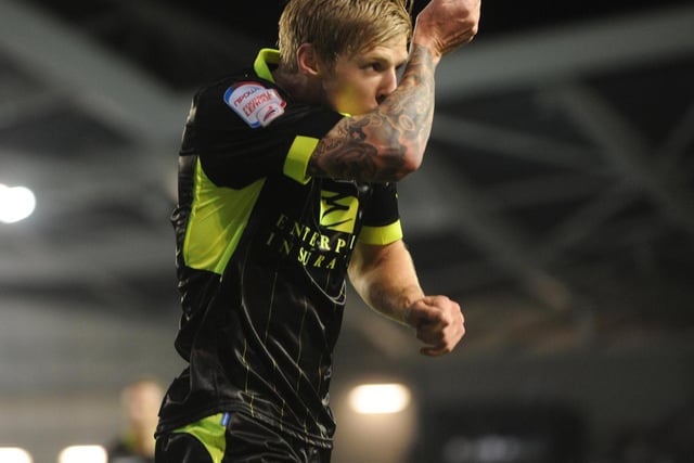 On-loan Andy Keogh celebrates scoring against Brighton and Hove Albion at the Falmer Stadium in September 2011. The game finished 3-3 with Ross McCormack bagging a brace.
