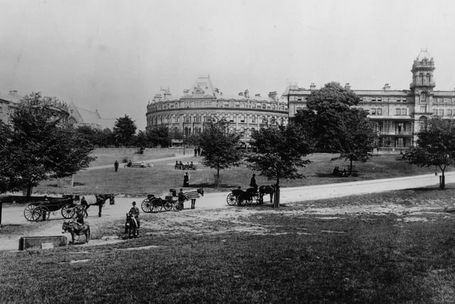 A view of horse drawn carriages in Harrogate town centre in 1880.