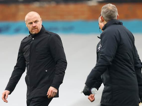 Sean Dyche, Manager of Burnley looks on ahead of The Emirates FA Cup Fourth Round match between Fulham and Burnley at London Stadium on January 24, 2021 in London, England.
