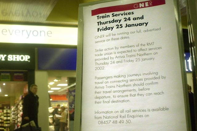 A sign at Leeds City Train Station explains how strike by members of the RMT trade union was likely to affect services provided by Arriva Trains Northern.