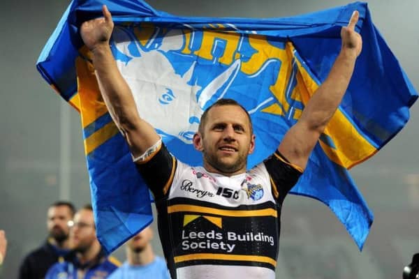 Pictured, Rob Burrow salutes the Rhinos fans. Super League Grand Final 2017: Castleford Tigers v Leeds Rhinos. Old Trafford. The rugby league legend announced two years ago that he had been diagnosed with motor neurone disease (MND). Photo credit: JPIMedia/ Bruce Rollinson