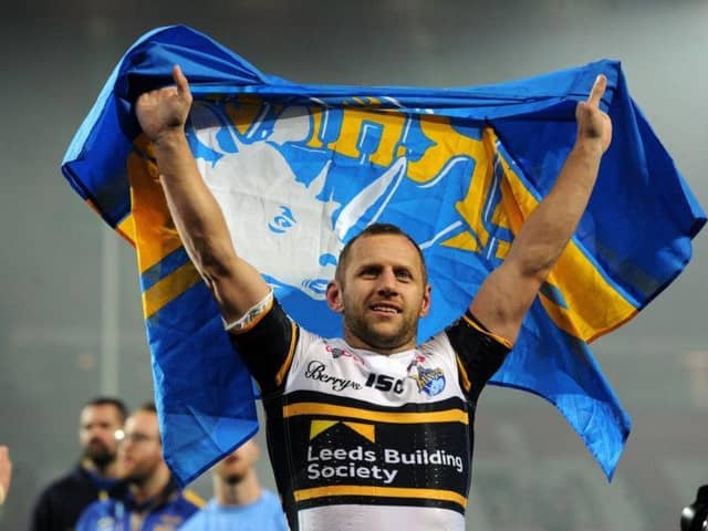 Pictured, Rob Burrow salutes the Rhinos fans. Super League Grand Final 2017: Castleford Tigers v Leeds Rhinos. Old Trafford. The rugby league legend announced two years ago that he had been diagnosed with motor neurone disease (MND). Photo credit: JPIMedia/ Bruce Rollinson
