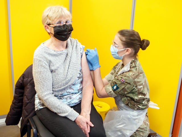Diane Slack received an injection of the coronavirus vaccine from a Ministry of Defence (MoD) employee at the Wakefield centre (photo: PA Wire/ Danny Lawson)