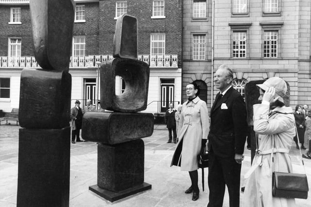 Lord Donaldson, the Arts Minister, unveiled a group of three sculptures by Dame Barbara Hepwort in Wakefield in 1975