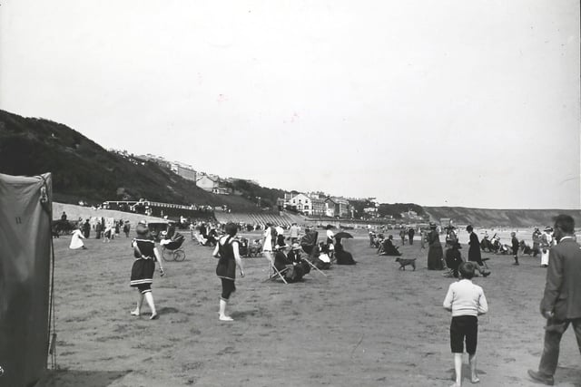 A beach scene at Filey, circa 1910.