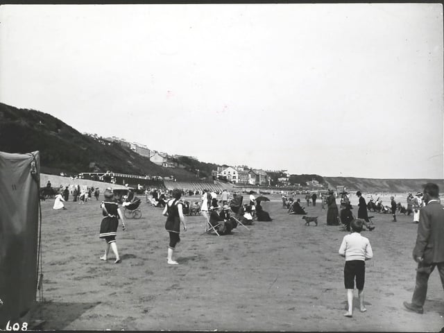 A beach scene at Filey, circa 1910.