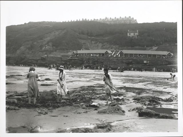 Shrimping on the beach at Scarborough sands, circa 1912.