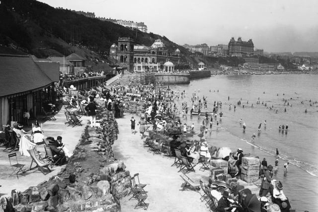 1913: A view towards the Spa from the beach at Scarborough.