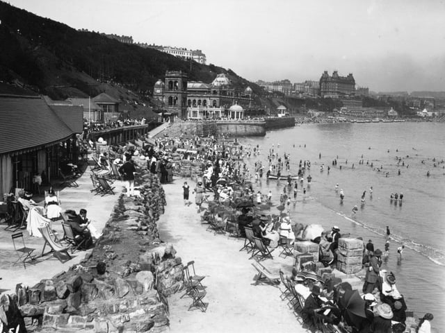 1913: A view towards the Spa from the beach at Scarborough.