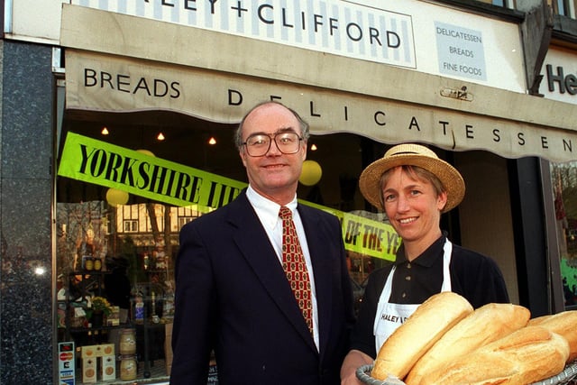 John Appleyard owner of Haley + Clifford delicatessen with shop assistant Sue Clements in February 1996.