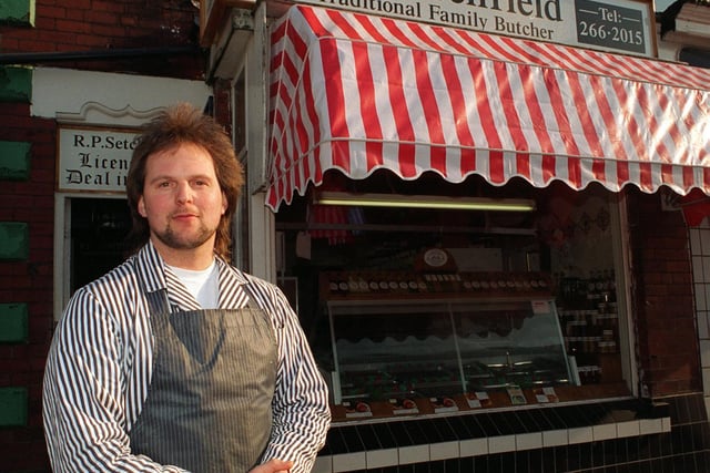 Richard Setchfield outside his traditional family butchers in February 1996.