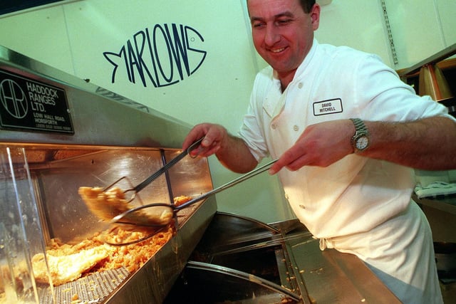 Frying tonight... Marlows fish and chips on Street Lane in March 1999. General manager Dave Mitchell works his magic in the kitchen.