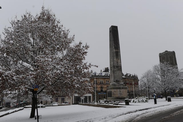 The War Memorial looking pretty surrounded by thick snow.