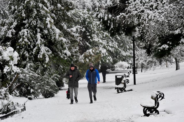 Walkers enjoying a stroll through a very snowy Valley Gardens.