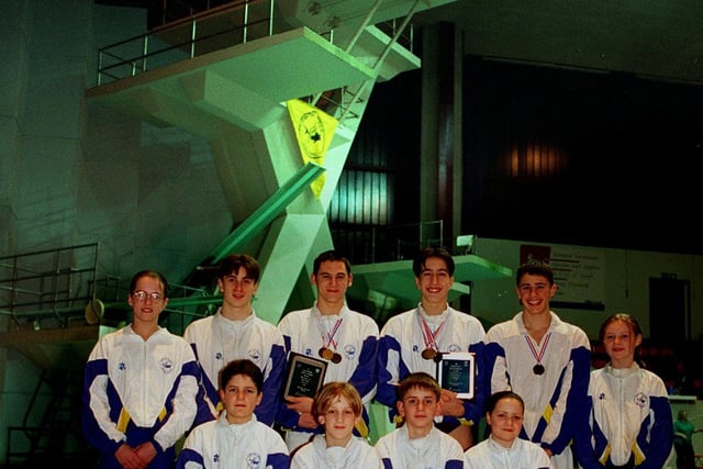 City of Leeds Diving Club members with their trophies at the International Pool. Back: Rebecca Lee, Matthew Bass, Michael Barnes, James Etherington, Robert Kennedy and Rebecca Burrows. Front, Emma Teather, Andy Cardis, Gary Hunt, Phil Carter, Lizzie Cardis and Lucy Hirst