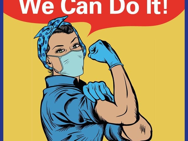 Rosie the Riveter is an iconic wartime poster designed to boost morale, here it has been reimagined with a face mask.