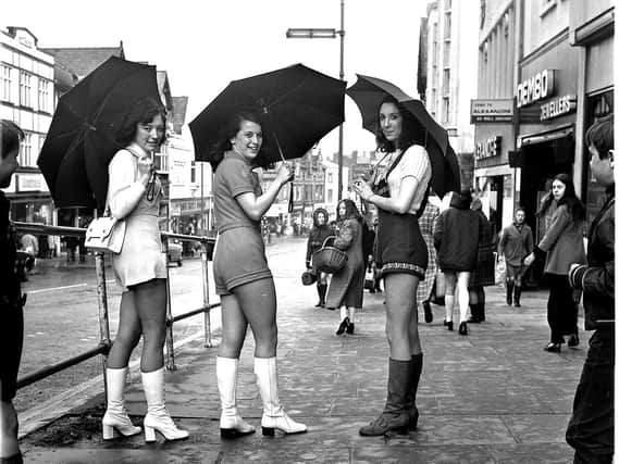 Hot Pants arrive in Wigan, these trendy girls turning heads along Standishgate in 1971