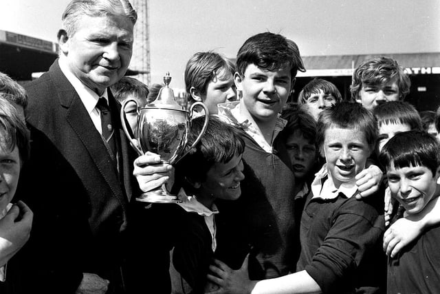 Wigan schoolboys rugby league final at Central Park ground with the winning team receiving the Jim Sullivan Trophy presented by the great man himself in 1971