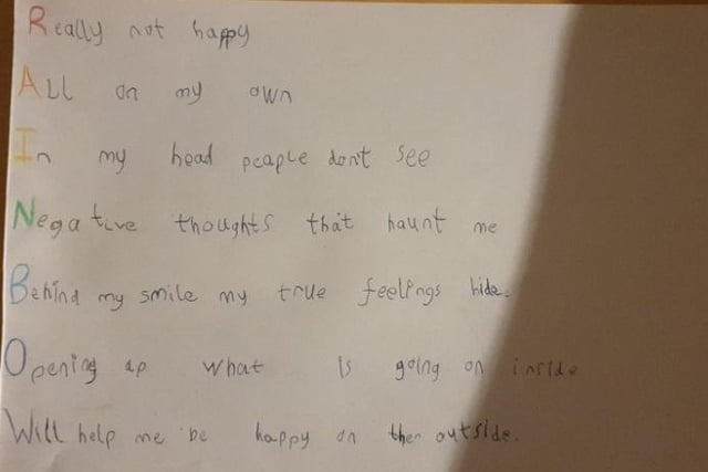 Steph Wolford said: "My eldest boy Leo is struggling at the minute as he isn't his happy normal self and with it being mental health week he wrote an acrostic poem about how he was feeling and its heart breaking knowing that lots of kids are feeling like he is and they are coping fair better then most adults are in the past year."