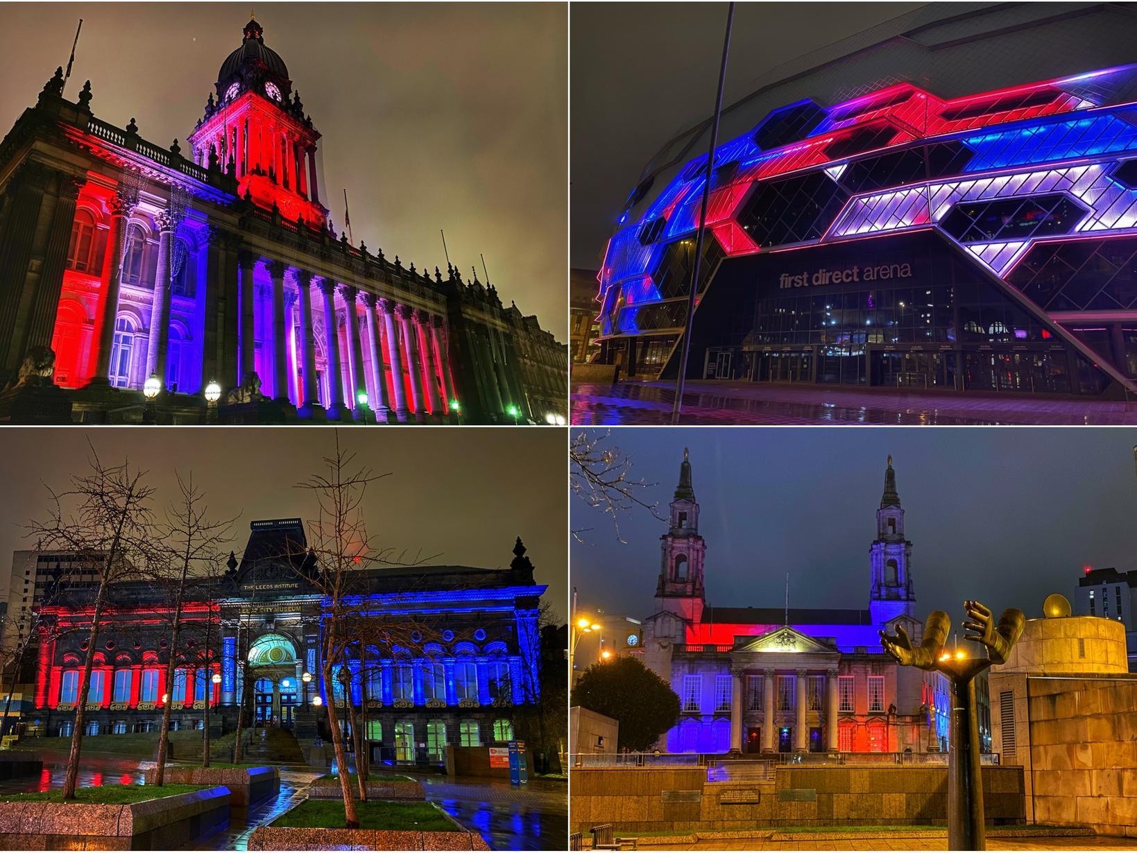 Leeds landmarks were lit in red, white and blue tonight in memory of Captain Sir Tom Moore (photos: Rob Wilson)