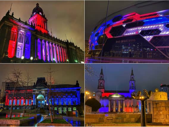 Leeds landmarks were lit in red, white and blue tonight in memory of Captain Sir Tom Moore (photos: Rob Wilson)