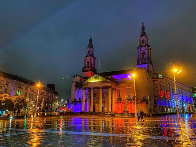 Boris Johnson announced a 'national clap' for the national hero at 6pm tonight which is when the landmarks were lit up. (photo: Leeds Civic Hall - Rob Wilson)