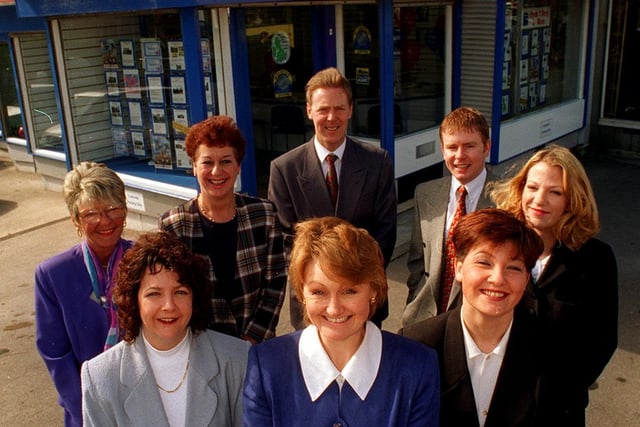 The sales team at Staintons estate agents on Austhorpe Road in March 1997. Pictured Janet Ellis (area valuer) Giselle Ledgard, Jackie Hollingworth, Pat Dobson, David Pank, Andrew Milnes, Emma Field and Lisa Milsted.