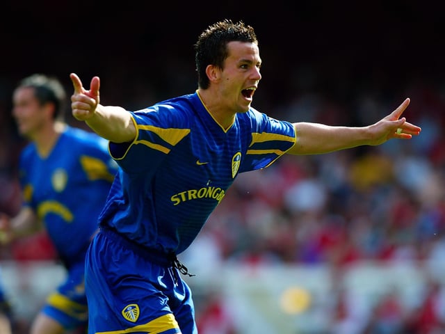 Ian Harte celebrates scoring Leeds United's second goal from a free-kick.