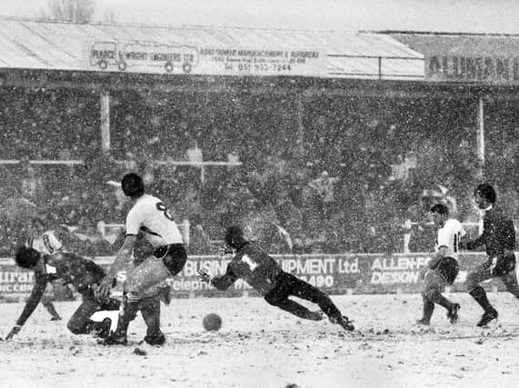 Paul Jewell scores Wigan Athletic's goal in the Division 3 match against Bournemouth at Springfield Park on Saturday 7th of March 1987.
The game was abandoned after 61 minutes due to the driving snow with the score at 1-1.