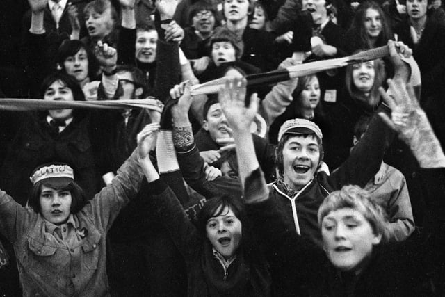 Wigan Athletic fans at the FA Cup 2nd round match at the Racecourse ground against 3rd Division Wrexham on Saturday 11th of December 1971. Wigan lost the match 4-0.