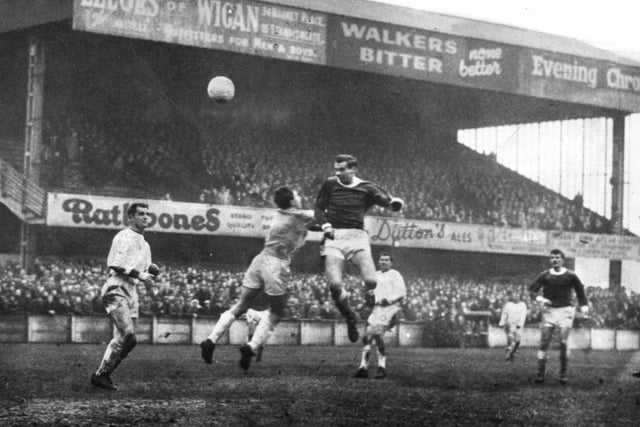 Harry Lyon heads home the first goal of his hat-trick for Cheshire County League Wigan Athletic against League Division 4 team Doncaster Rovers in the FA Cup 1st round replay at Springfield Park on Wednesday 17th of November 1965. Latics won the match 3-1 and Harry Lyon's legendary status was enhanced.
