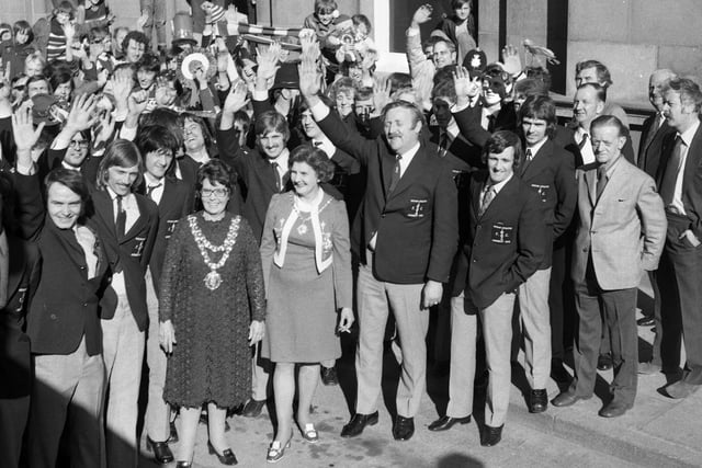 The Wigan Athletic team are welcomed to Wigan town hall by the mayor, Coun. Ethel Naylor and deputy, Coun. Marian Pratt, on Sunday 29th of April despite losing in the FA Trophy final.