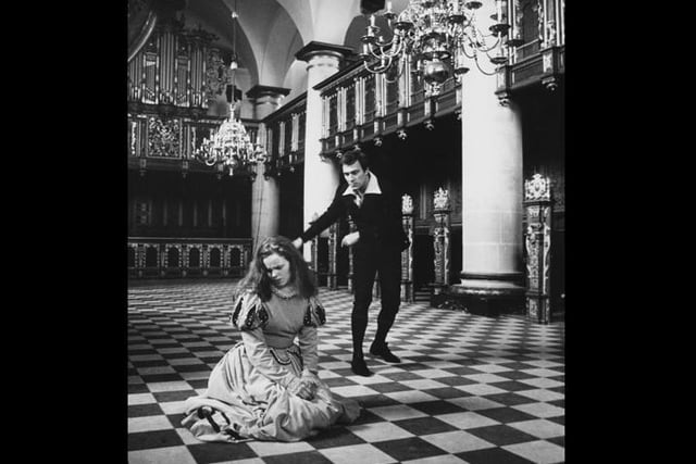 British actress Jo Maxwell Muller (1944-2010) as Ophelia, with Canadian actor Christopher Plummer as Hamlet, during the recording of 'Hamlet at Elsinore' at Kronborg Castle in Elsinore, Denmark, 22nd September 1963