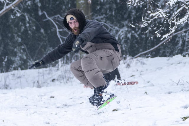 And Dom Brooks seized the opportunity to practice with his snowboard at Clarence Park.