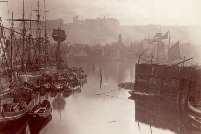 A view of the upper harbour in Whitby, circa 1880.