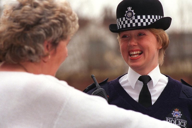 Allo, allo, allo... what's all this then? Police sergeant Mariane Huison on duty around  Holbeck in February 1998.