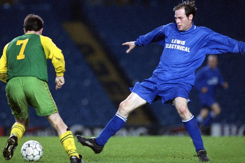 May 1998 and Paul Turner of Beeston St Anthony's skips past Rothwell Athletic's Stuart Baldwin during the Leeds and District FA Senior Cup final at Elland Road.The game finished goalless.