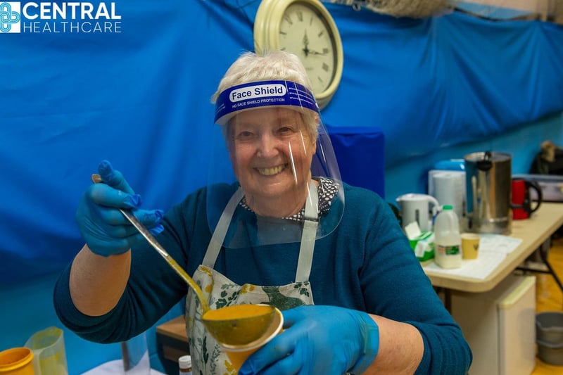 Val Boyes, who is a receptionist at Central Healthcare, has been dishing out home-made soup, scones and sandwiches to the hard-working staff and volunteers.