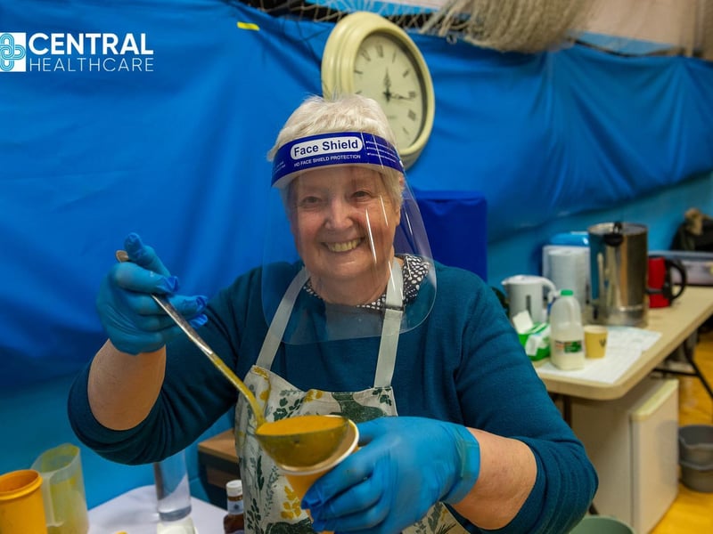 Val Boyes, who is a receptionist at Central Healthcare, has been dishing out home-made soup, scones and sandwiches to the hard-working staff and volunteers.