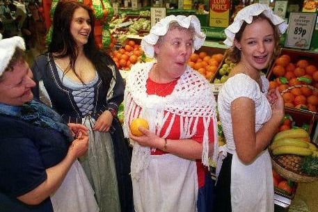 June 1999 and Morrisons shop assistants at its Hunslet store spend the day in traditional dress to mark the supermarket's 100th birthday. Pictured, from left, are Judith Dyson, Vicky Twidle, Carol Loughlan and Catherine Hiley.