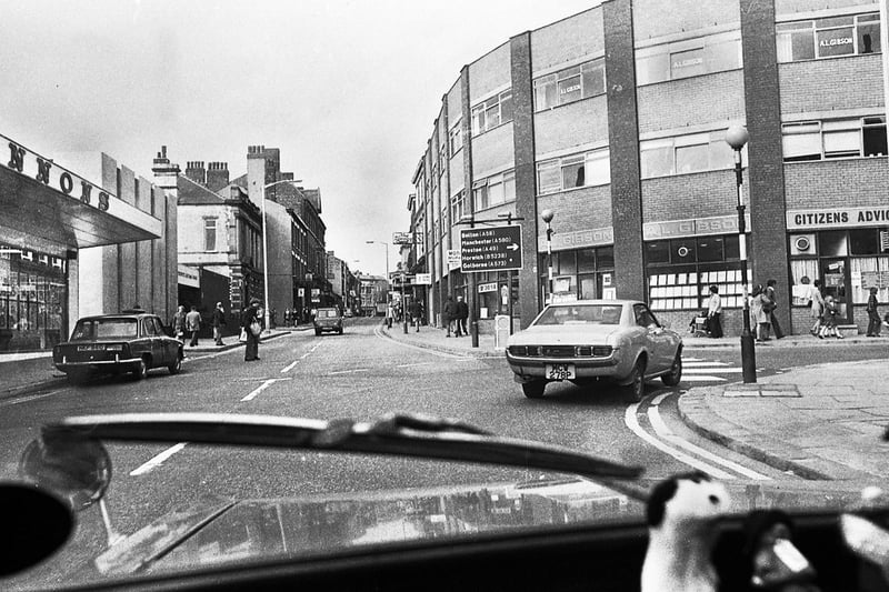 A driver's view coming up King Street to its junction with Rodney Street with Lennons supermarket on the left in the early 1970s
