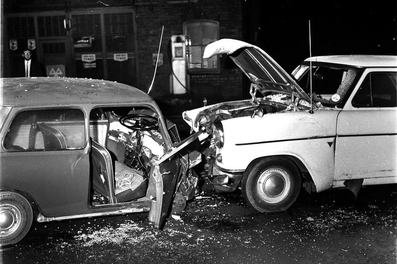 A night-time road traffic accident at the junction of Standishgate with Powell Street, Wigan in 1967